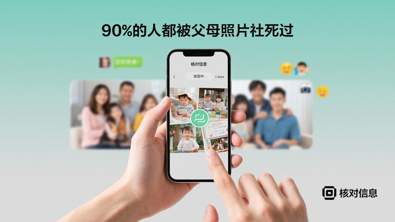 90%的人都被父母照片社死过，现在用核对信息3分钟收回所有照片